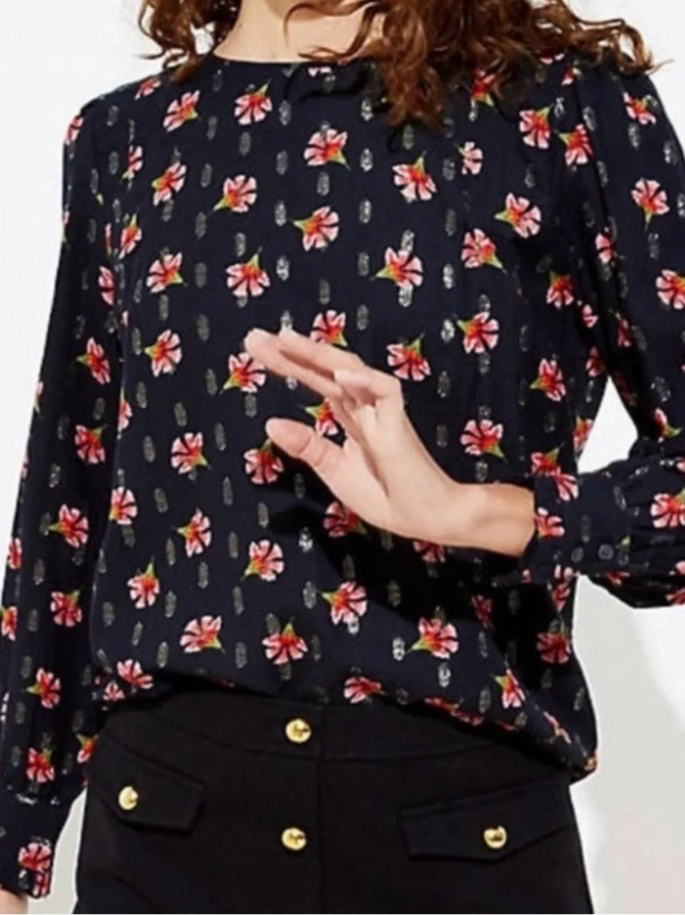 Loft Floral Print Long Puff Sleeve Blouse - Black